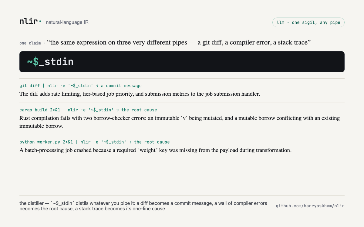 the distiller — one sigil (~$_stdin) distils any pipe to a single line