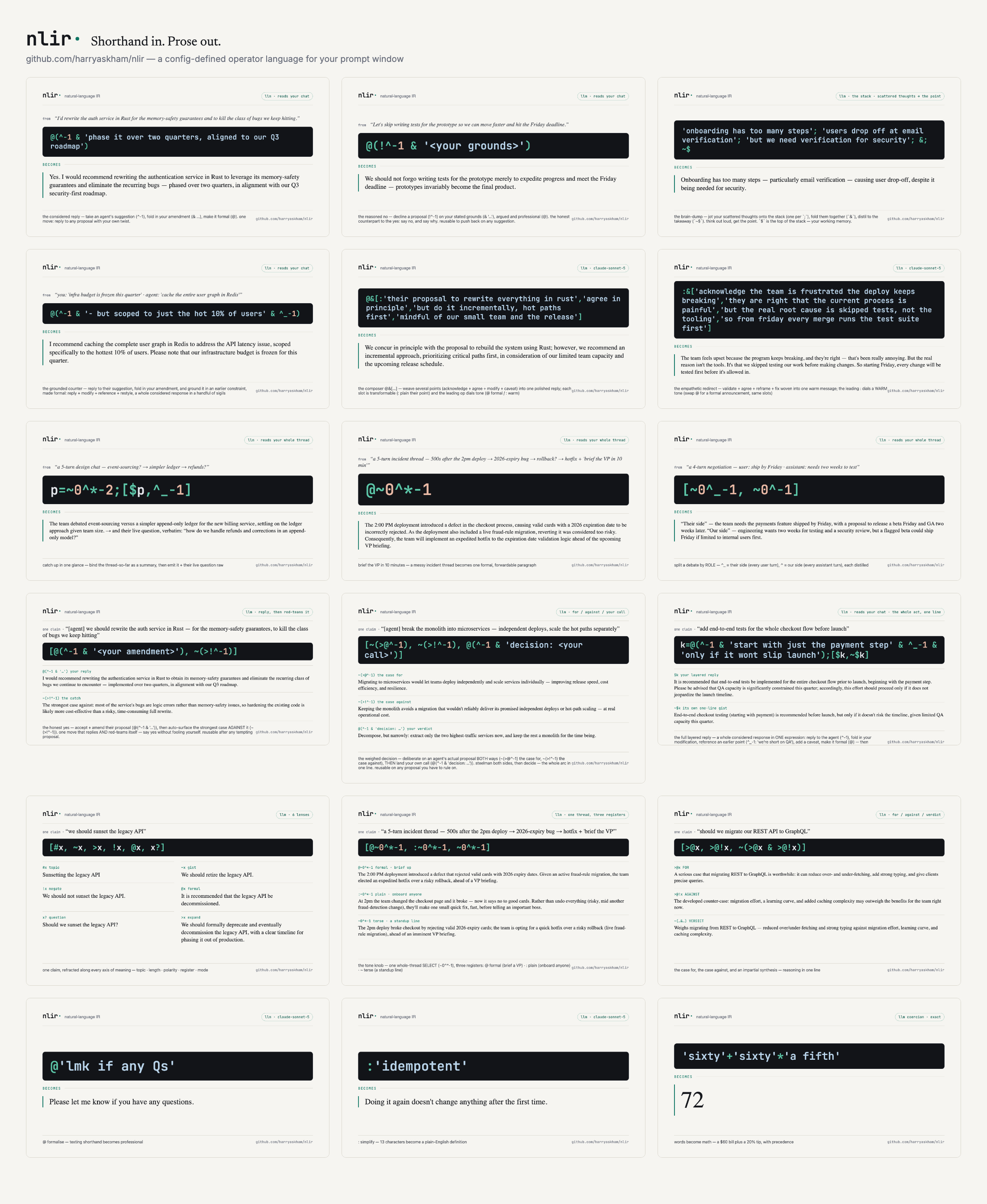 nlir showreel — a grid of expression-to-language cards
