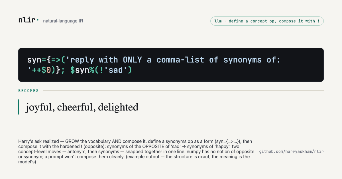 vocab-compose — define a synonyms op, compose it with the opposite operator